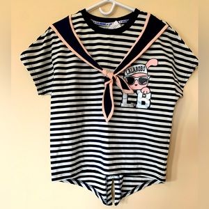 Lala Bobo, striped t-shirt, frontal and back graphics, size S, short sleeves